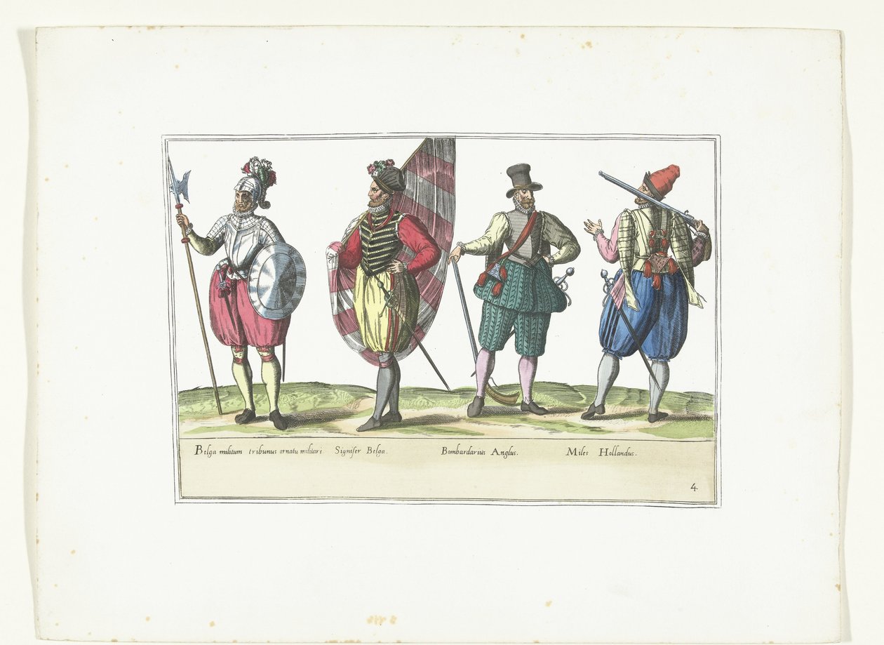 四名身着荷兰和英国流行制服的士兵，约 1580 年
巴斯士兵的服装（标题在实物上） 作者 无名氏