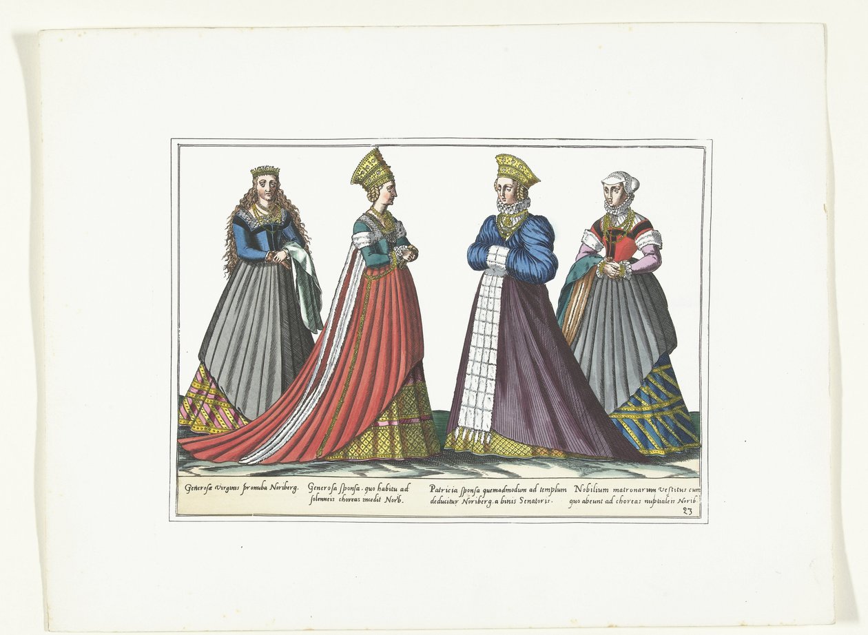 约 1580 年，纽伦堡四位按照德国时尚穿着的女性
阿尔勒芒服饰（物品上的标题） 作者 无名氏