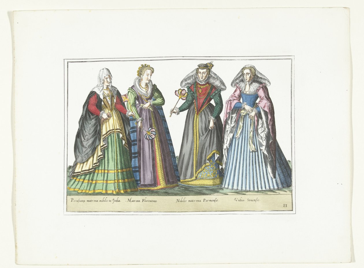 四位按照意大利时尚着装的女性，约 1580 年
意大利服装（物品上的标题） 作者 无名氏