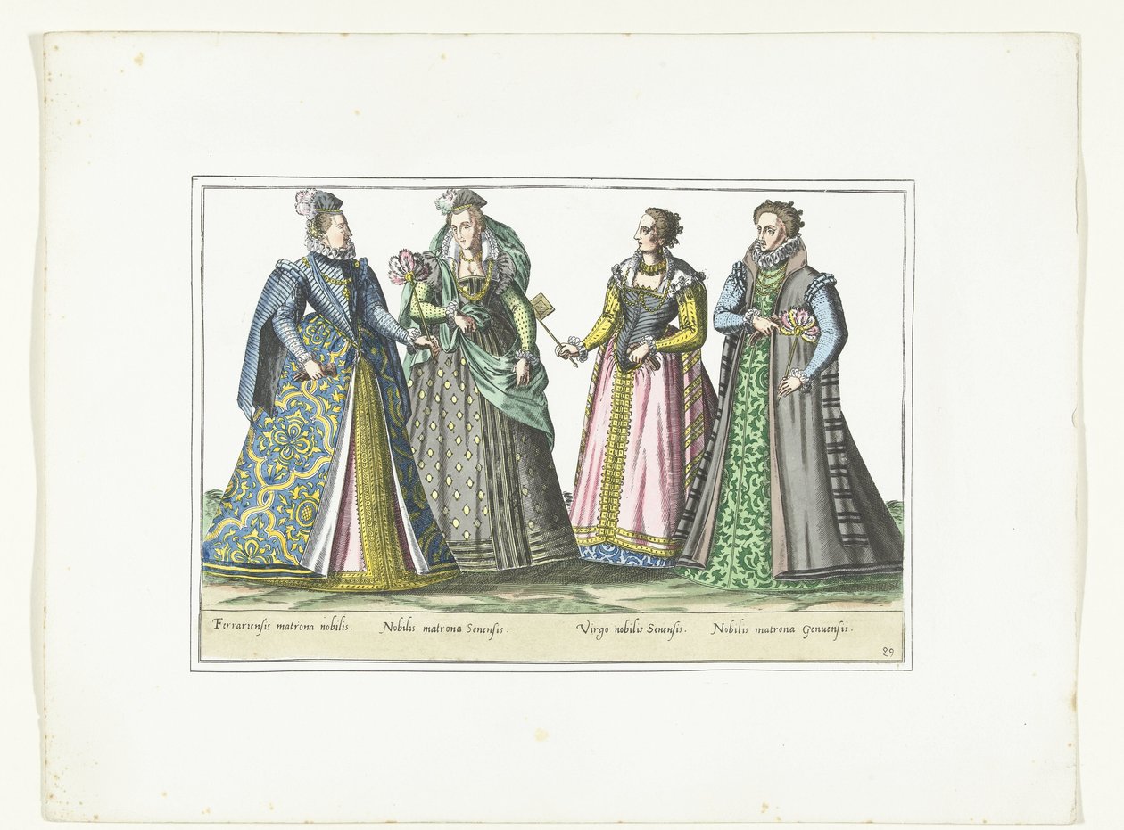 四位按照意大利时尚着装的女性，约 1580 年
意大利服装（物品上的标题） 作者 无名氏