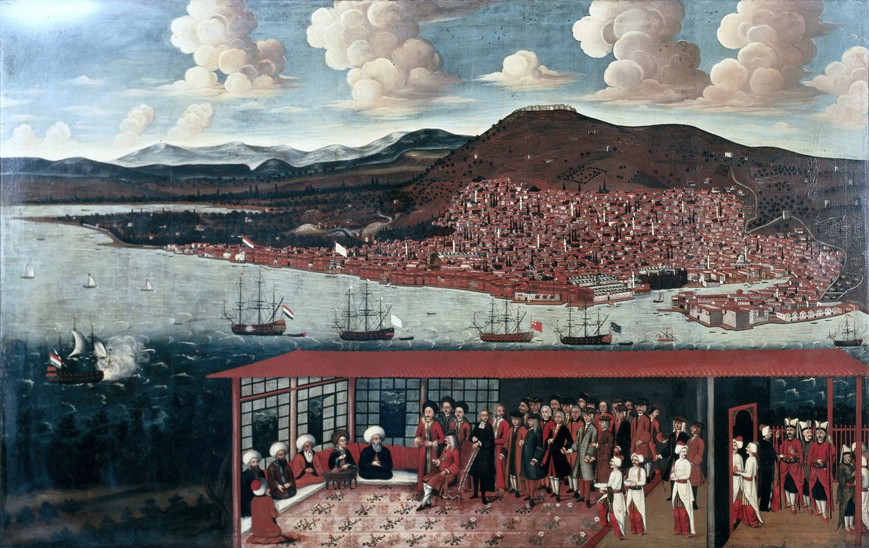士麦那（伊兹密尔）景观以及在议会厅接待领事德霍切皮德（1657-1723 年）的情景 作者 无名氏