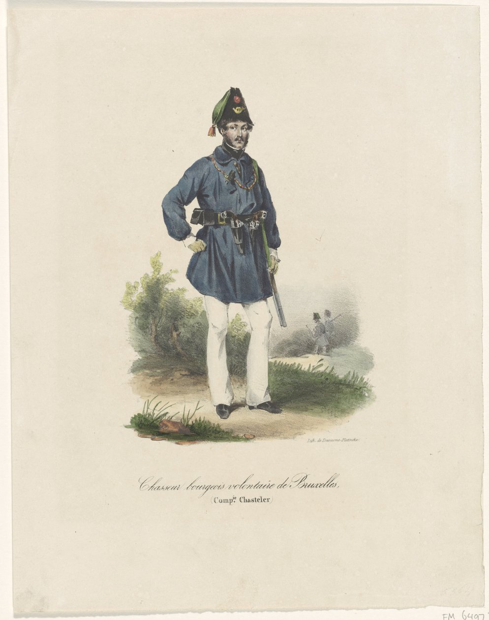 布鲁塞尔的志愿猎人，1830 年
Chasseurs bourgeois volontaire de Bruxelles, (Comp.ie Chasteler)（物品上的标题） 作者 无名氏