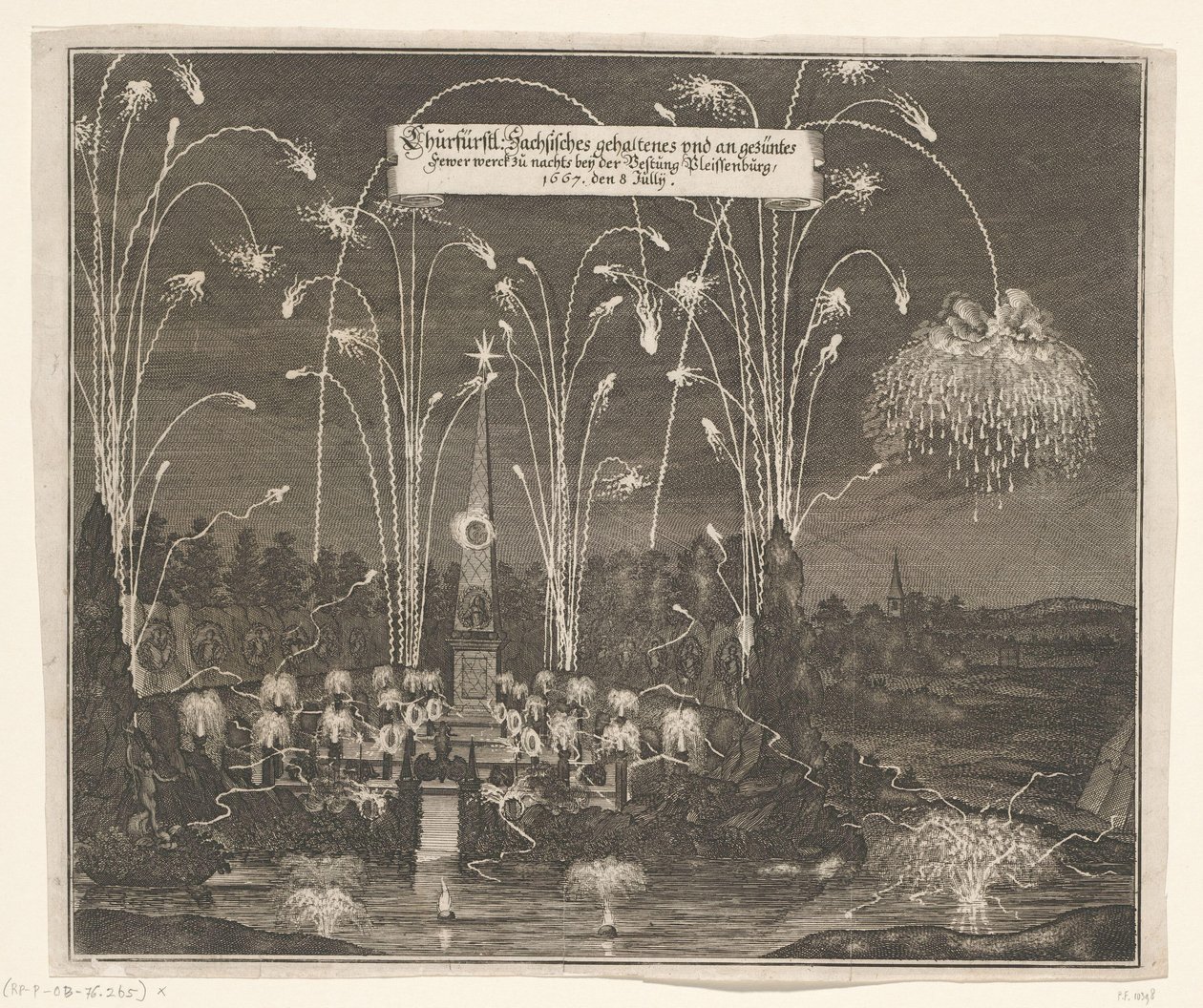 Vuurwerk bij de Pleissenburg，1667 年 7 月 8 日
选帝侯的：1667 年 7 月 8 日晚上在普莱森堡堡垒举行的萨克森封建工作和绘制的封建工作（标题在实物上） 作者 无名氏