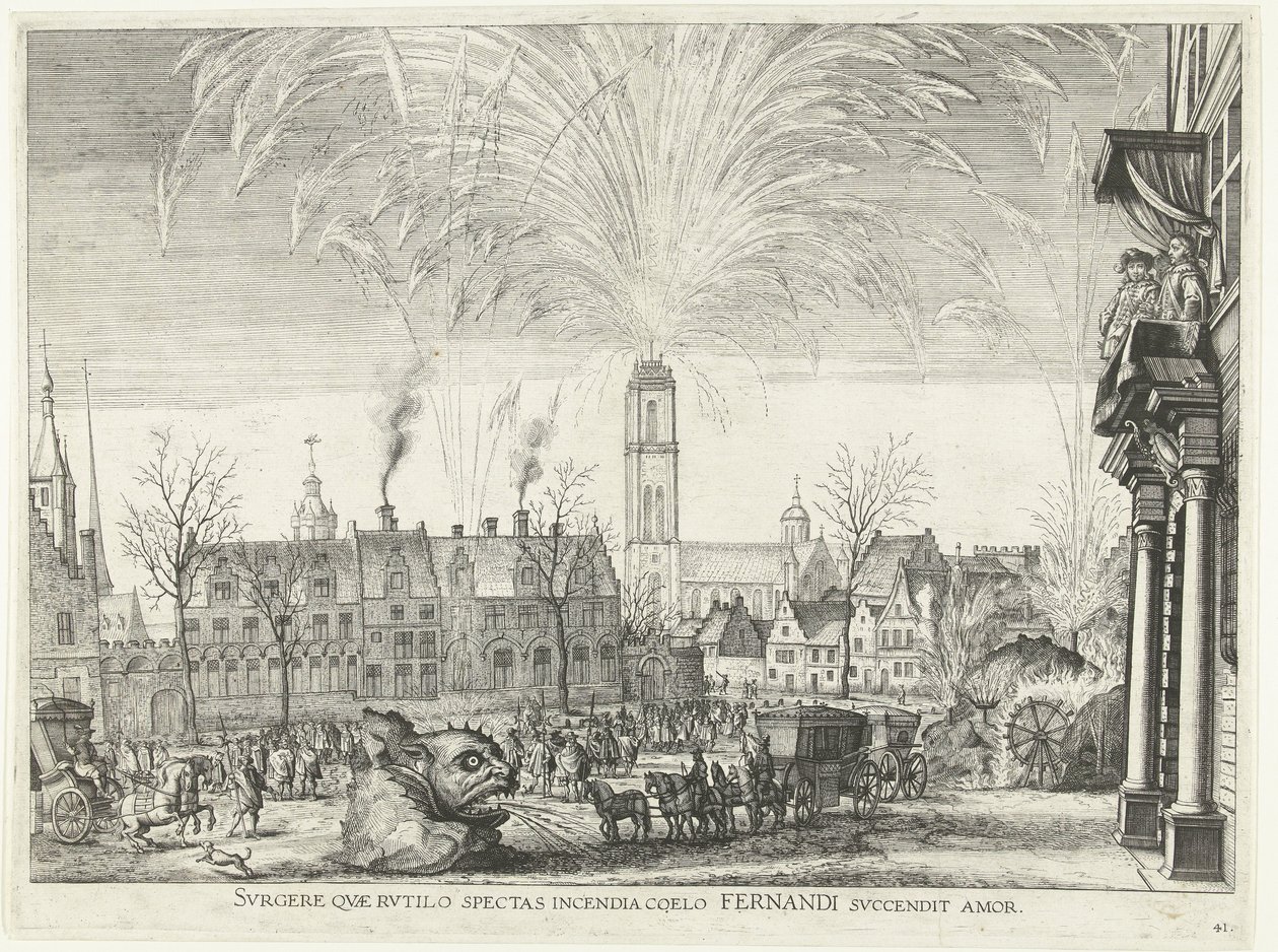 烟花；1635 年费迪南德进入根特（编号 41）
Surgere quae rutilo spectas incendia coelo Fernandi succendit amor（标题见实物）
Ignium nocturnorum in Hippodromo  turri imago 作者 无名氏