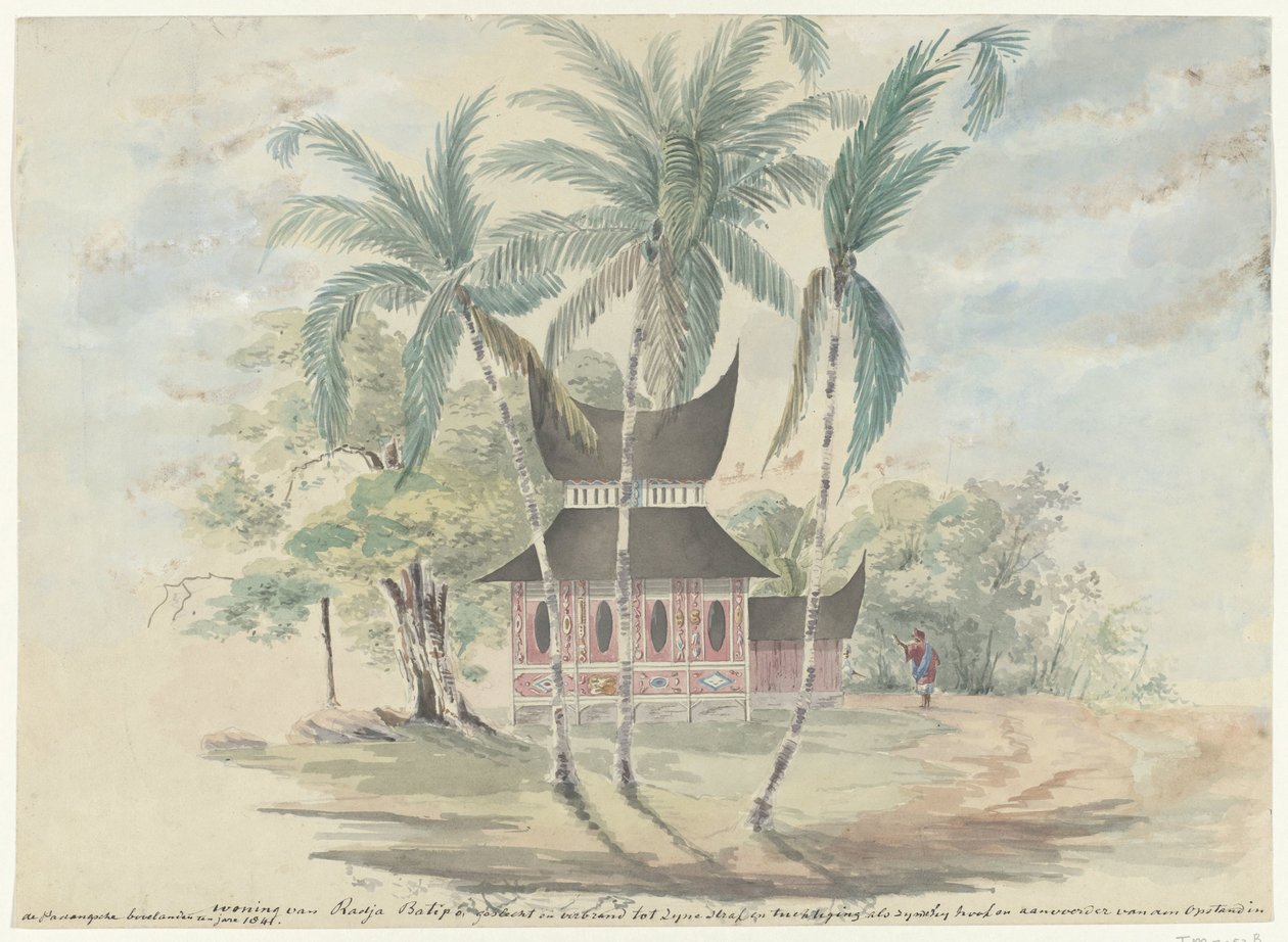 Radja Batipo 的住宅，由于他是 1841 年巴东高地叛乱的首领和领导者，因此被拆毁并烧毁，以示对他的惩罚和惩戒（标题见实物） 作者 无名氏