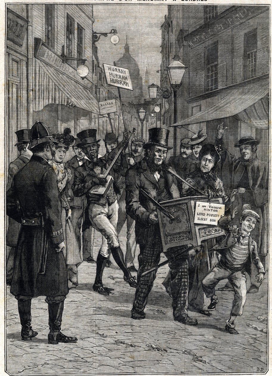 A beggar called Viscount Hinton, a barbarous organ player in the streets of London, became a millionaire after the death of his father Lord Poulett, who leased him his fortune. Engraving. In “” Le Petite Parisien””, on 12/02/1899. Private collection. 作者 匿名匿名