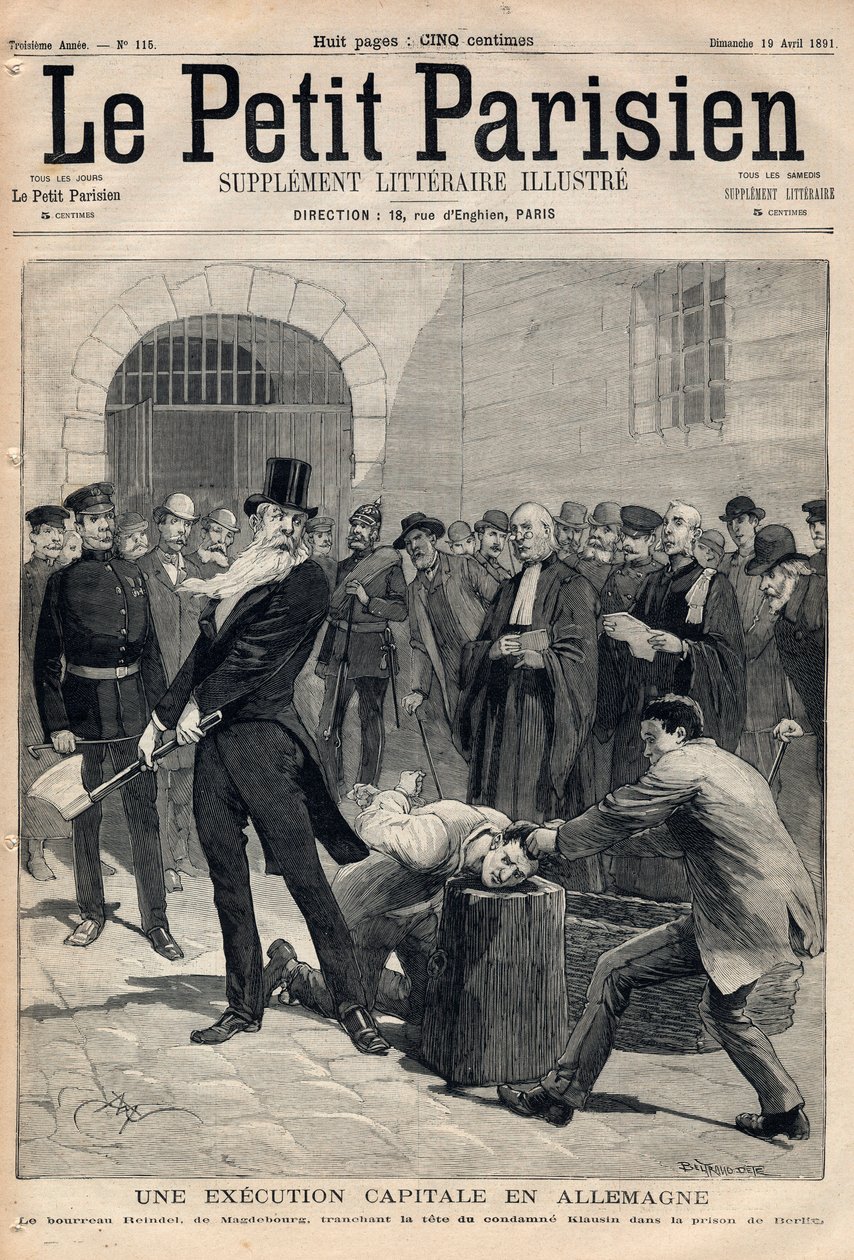 德国的一次死刑执行。马格德堡的刽子手弗里德里希-林德尔（1824-1908年）在柏林监狱砍下罪犯克劳辛的头。1891年4月19日 "小巴黎人 "杂志的版画。私人收藏。 作者 匿名匿名