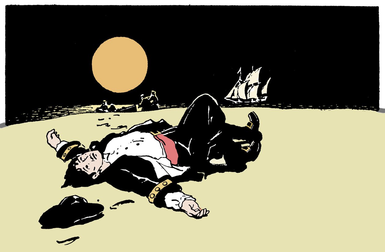 A captain killed by pirates is abandoned on an island, the pirate ship moves away on the horizon Illustration from “The Boys Books of Pirates”” 1913 作者 匿名匿名