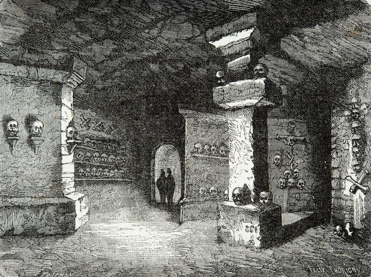 A gallery of catacombs in Paris in the 19th century, Engraving, Private collection 作者 匿名匿名