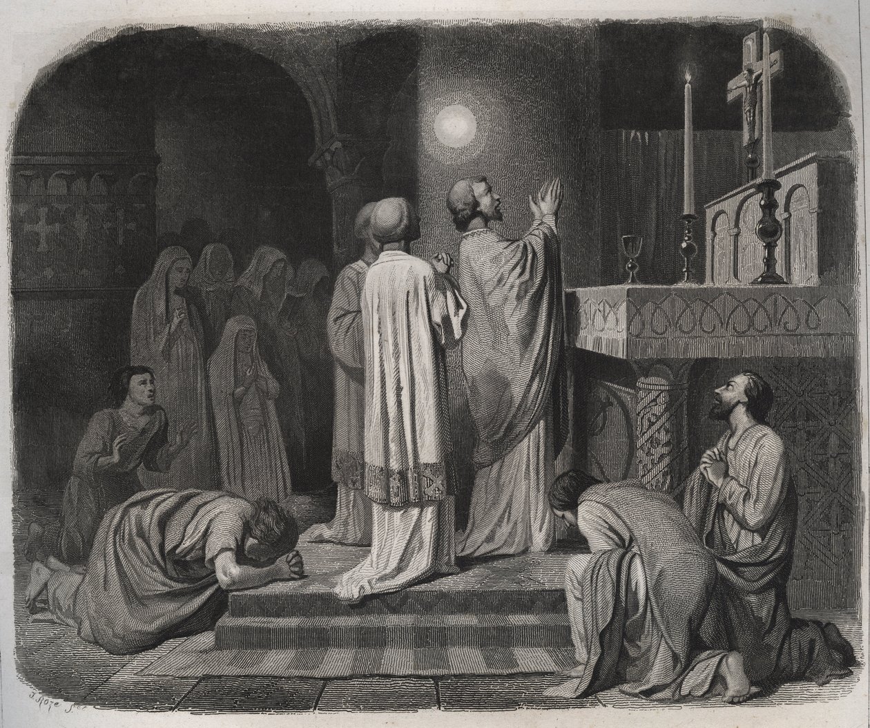 图尔的圣马丁（Saint MARTIN eveque de Tours，316-397）工作时，上方出现一个火球。1846年在《圣徒传》中的版画。私人收藏。 作者 匿名匿名