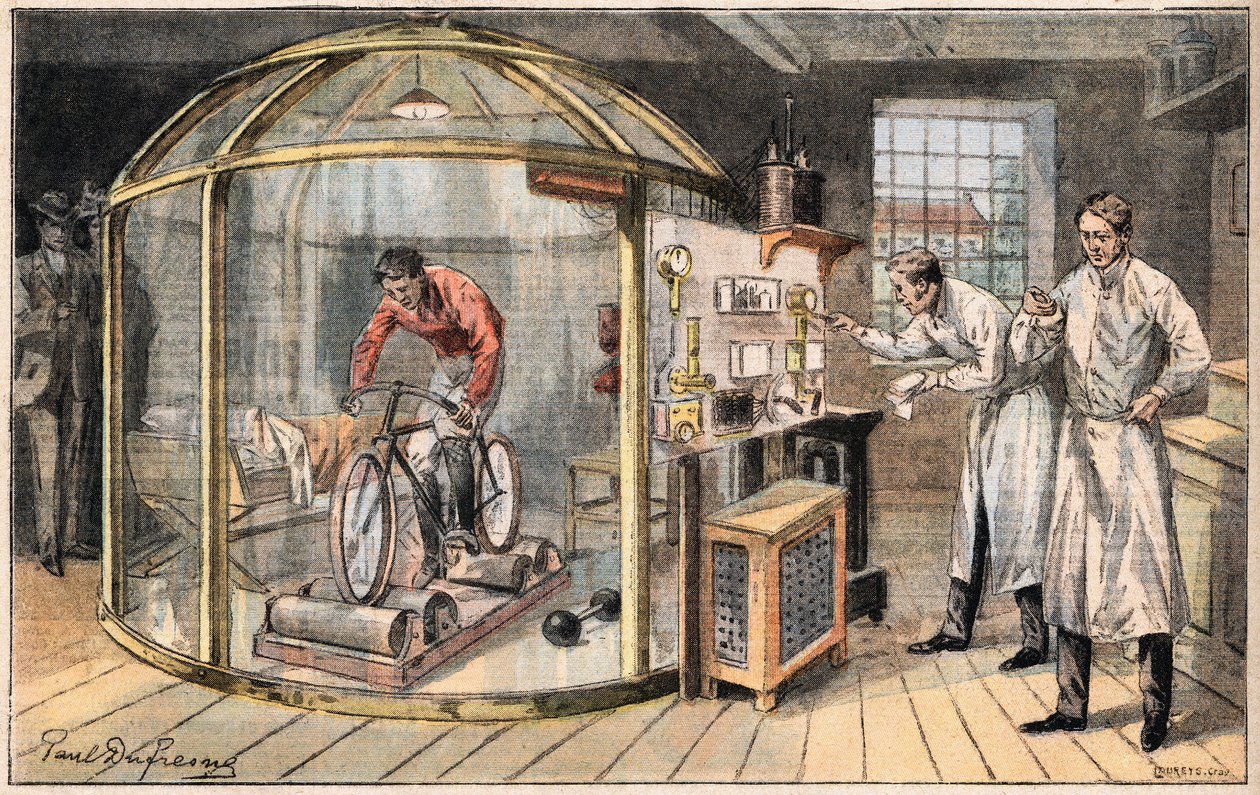 铃铛里的人：英国科学家进行的关于人类能量消耗的经验。1908年5月24日 "Le Peute Parisien "报纸上的版画。私人收藏。 作者 匿名匿名
