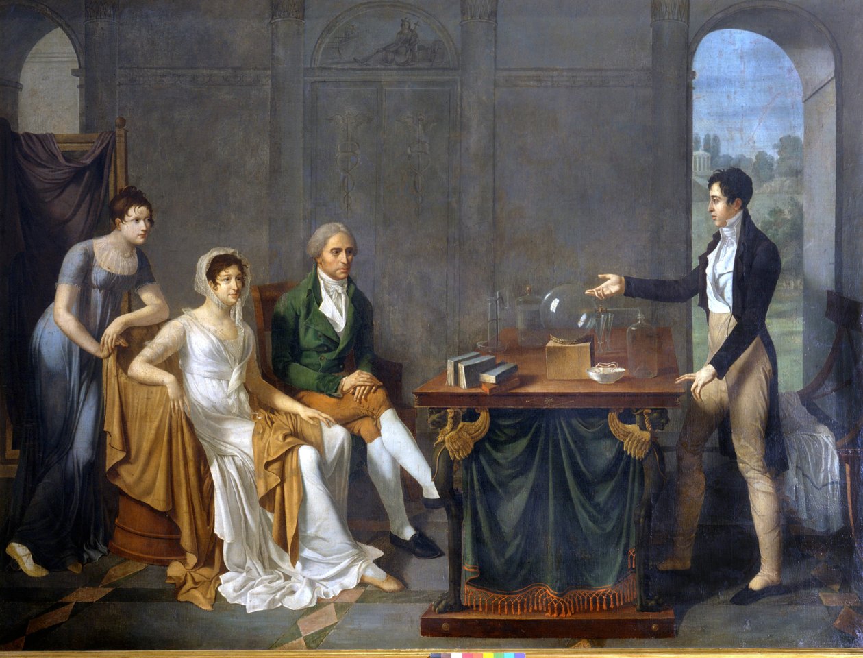 A scientist (probably Alessandro (Alexandre) Volta) doing a scientific experiment in front of the Melzi Deril family. Anonymous painting. . 作者 匿名匿名