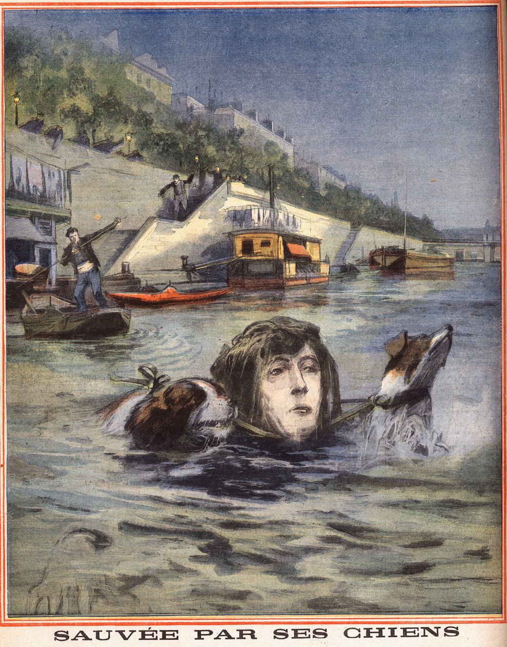 在巴黎，一名妇女掉进塞纳河，被她的狗救起。1910年8月14日在 "Le petit parisien "的雕刻。私人收藏。 作者 匿名匿名