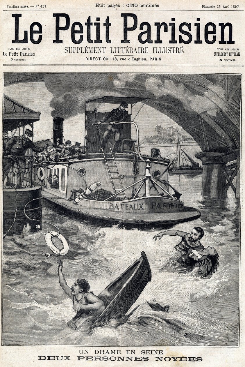 塞纳河上的事故：两个人在一艘溺水的船上。在1897年4月25日的 "小巴黎人 "上。 作者 匿名匿名