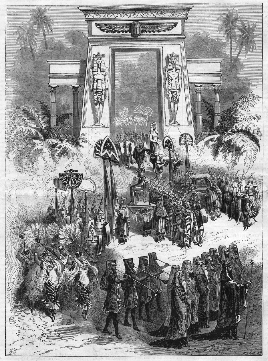 作品《阿依达》的第二幕。朱塞佩-威尔第（1813-1901）的四幕七画大歌剧在巴黎的意大利剧院上演。载于 "L