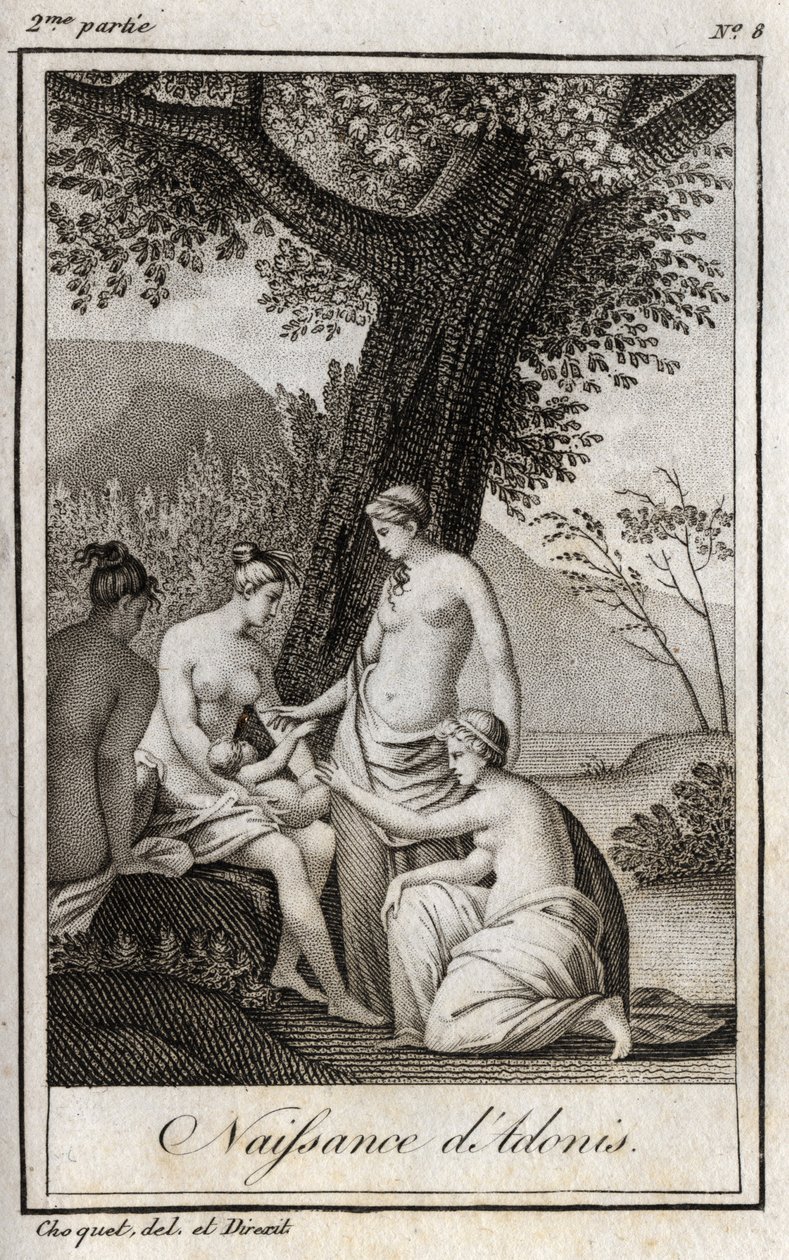 阿多尼斯出生。1819年的雕版画，载于查尔斯-阿尔伯特-德穆斯特（1760-1801）的 "Lettres a Emilie sur la mythologie"。私人收藏。 作者 匿名匿名