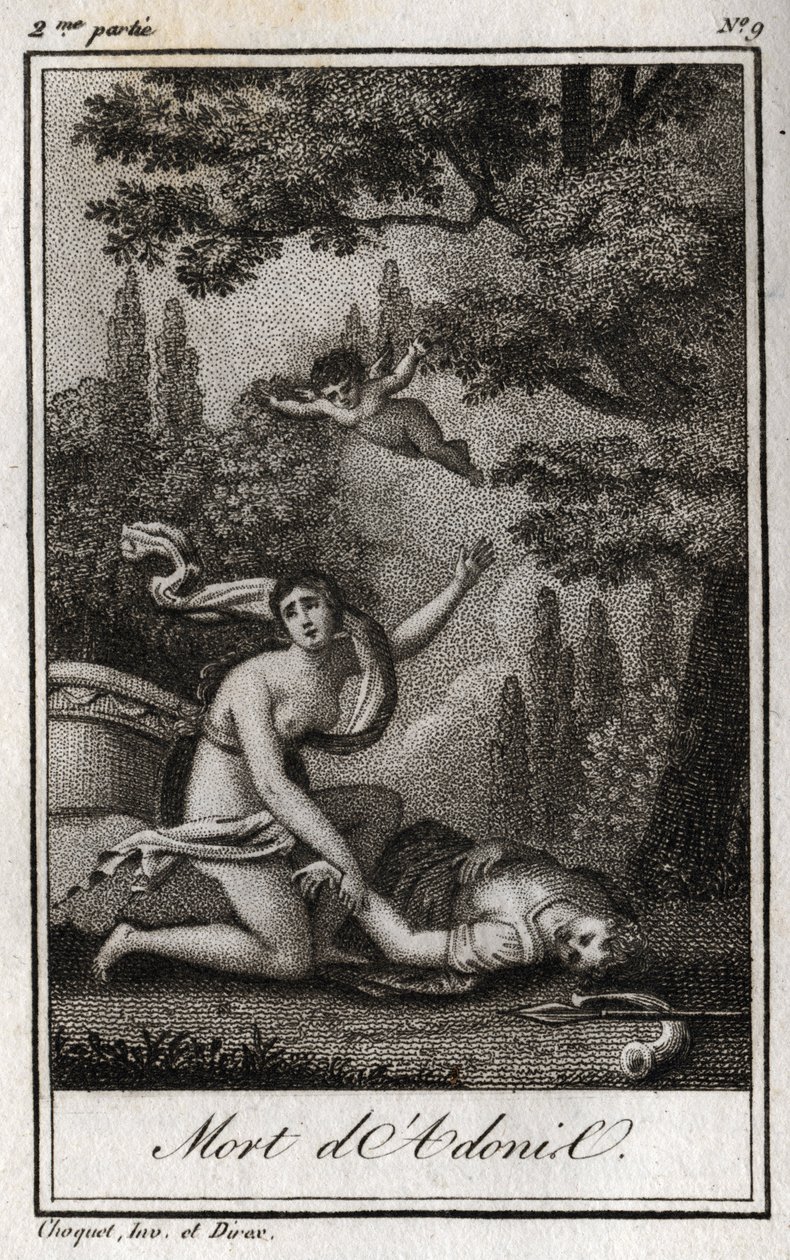 阿多尼斯之死。1819年的雕版画，载于查尔斯-阿尔伯特-德穆斯特（1760-1801）的 "Lettres a Emilie sur la mythologie"。私人收藏。 作者 匿名匿名
