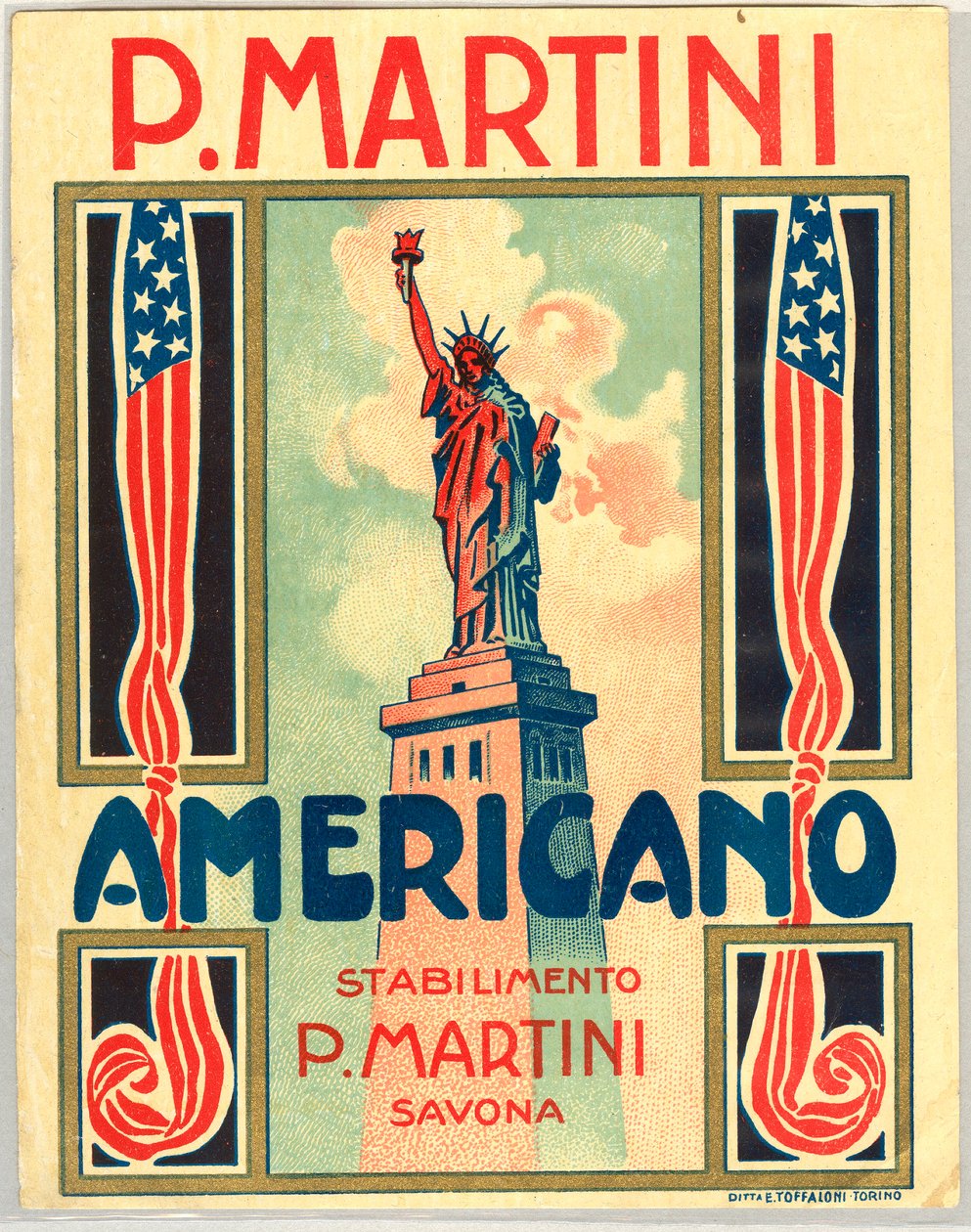 Advertisement for italian short drink Americano, with american flag and statue of liberty 作者 匿名匿名