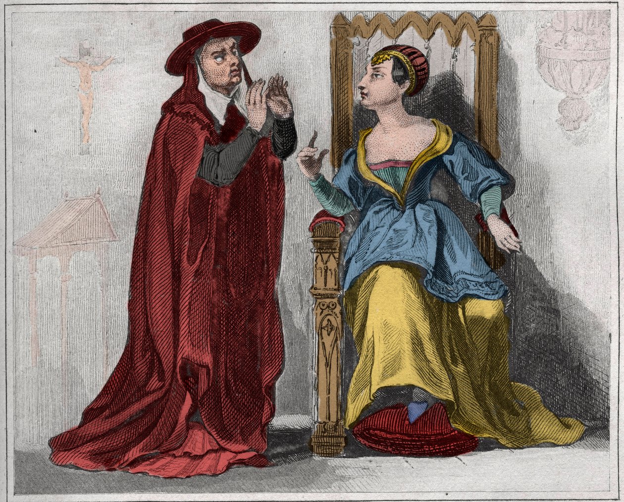 Agnes Sorel (1422-1450) (Lady of Beaute sur Marne) (Beaute-sur-Marne) with a cardinal. Engraving from 1859 in “” Le Monde. History of all peoples from the most remote times to the present day”. by M. E. de Lostalot-Bachoue (Lostalot Bachoue). . 作者 匿名匿名