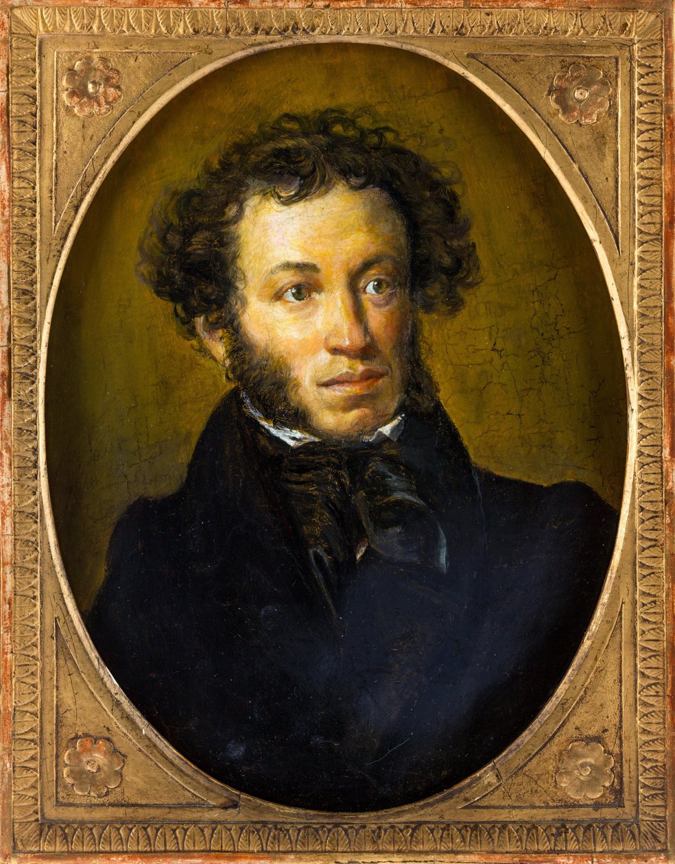 Alexandre Pouchkine - Portrait of the poet Alexander Sergeyevich Pushkin (1799-1837) - Anonymous. Oil on wood, Second quarter of the 19th cen. Dimension : 40,5x30,5 cm. Private Collection 作者 匿名匿名