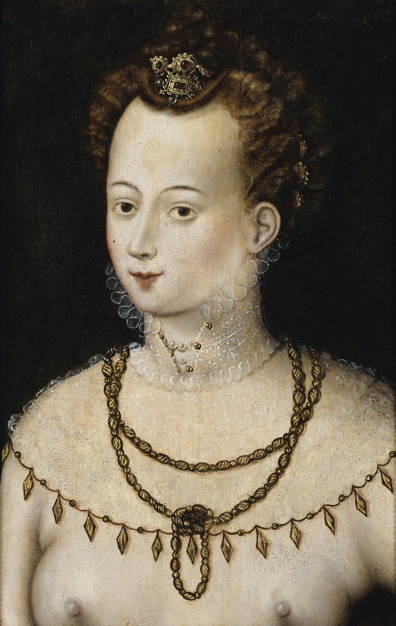 "" Allegorie de la beaute, Portrait de jeune femme ""（一位年轻女士的肖像 美丽的寓言）约 1580 年的匿名绘画暗淡 47.5x30 厘米私人收藏 作者 匿名匿名
