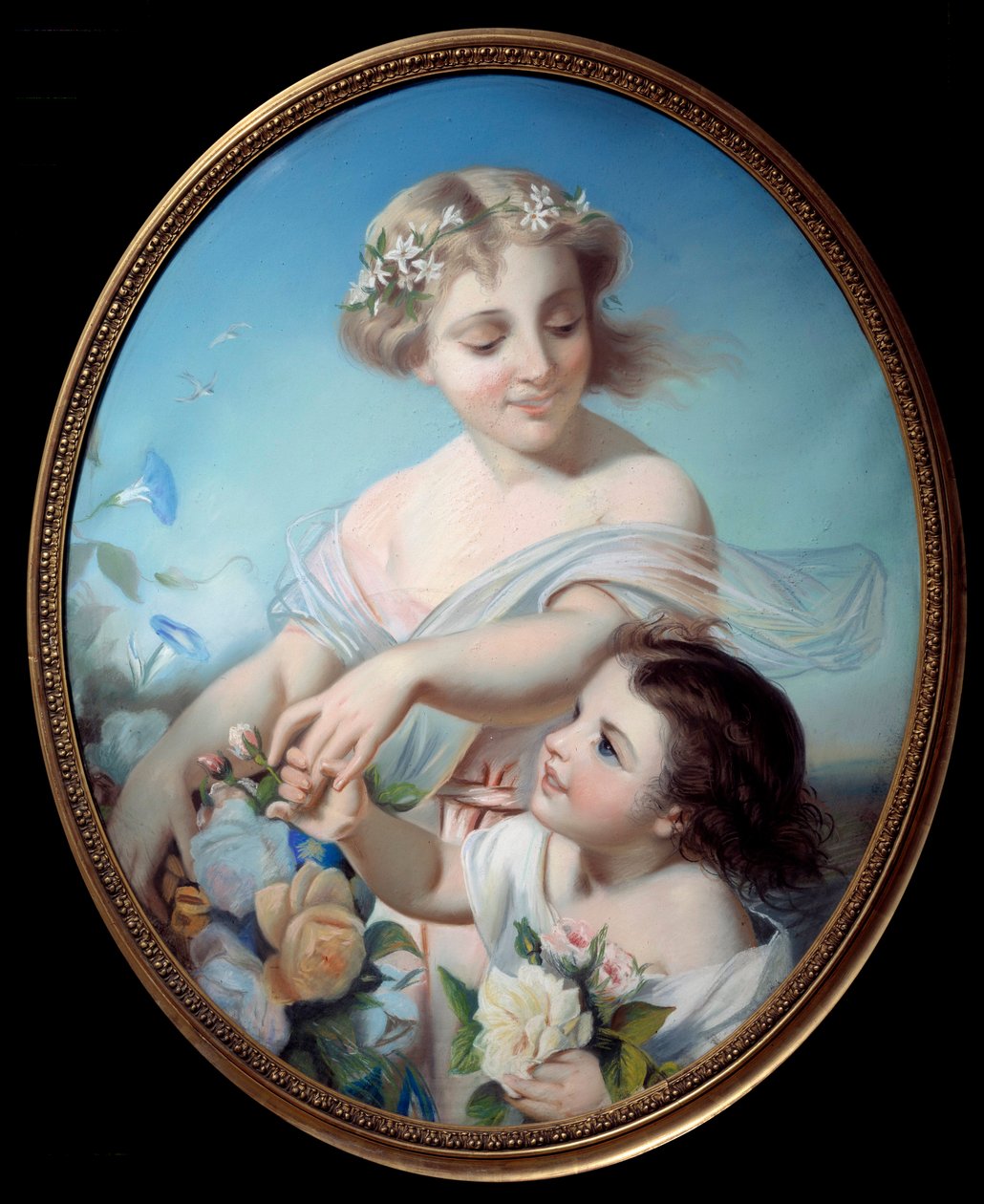 夏天的寓言 一位母亲和她的孙女手捧花束。 无名画。 18 世纪鲁昂，Musee des Beaux Arts 作者 匿名匿名