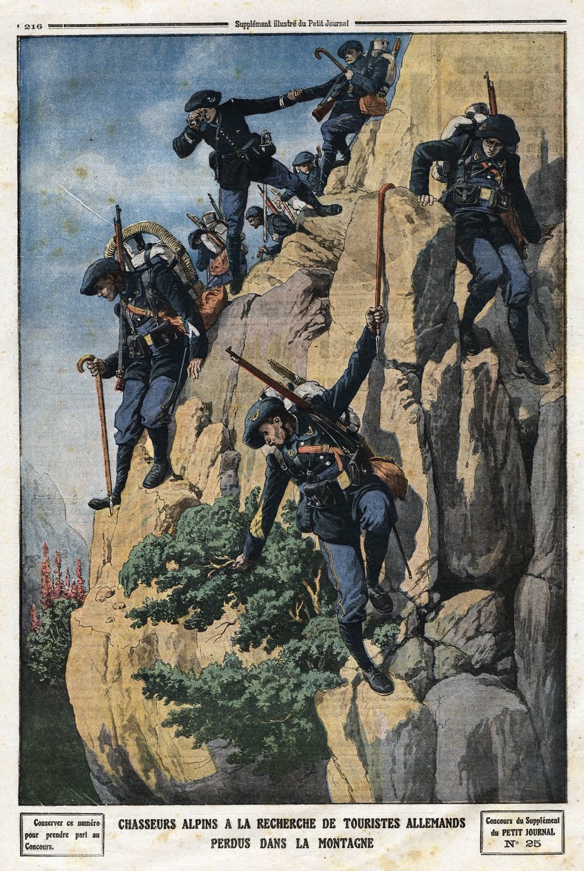 阿尔卑斯山的猎人在寻找迷路的德国游客。他们想去Chartreuse山地的Nero（Helmet du Nero）山。1912年7月7日《小报》上的版画。私人收藏。 作者 匿名匿名