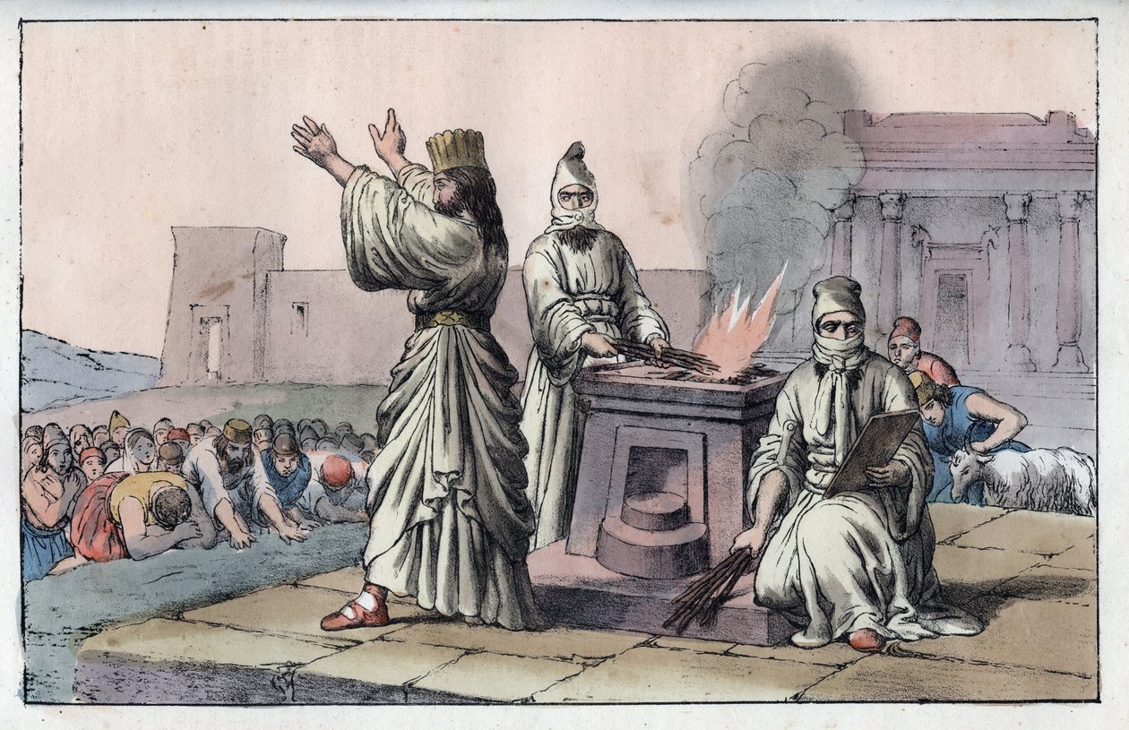 古代波斯文明：法师、官方祭司和扎拉图斯特拉的弟子（旧东方，波斯人：魔术师）--来自《宇宙中所有民族的用途和习俗》的雕刻品。或政府、法律、民兵、宗教的历史 作者 匿名匿名