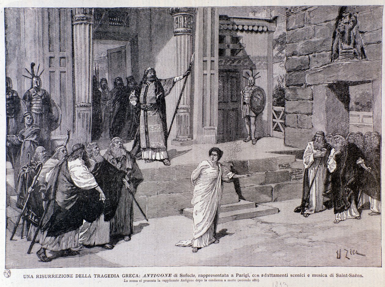 Antigone sentenced to death. Scene from the play Antigine, with music by Camille Saint-Saens, performed in Paris 作者 匿名匿名
