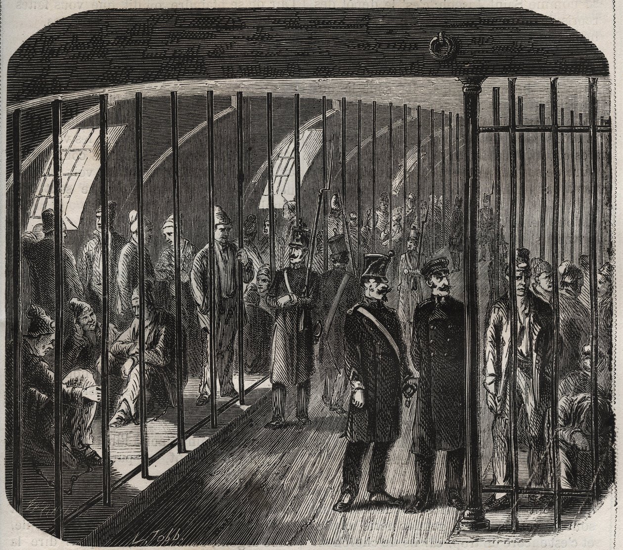 根据1851年12月8日的法令，从土伦到卡宴（圭亚那）的船队中，部队抵达。皮埃尔-扎科内（1817-1895年）在《从创建到现在的包袋历史》（1877年）中的雕刻（Colonia Penale - Penal Co. 作者 匿名匿名