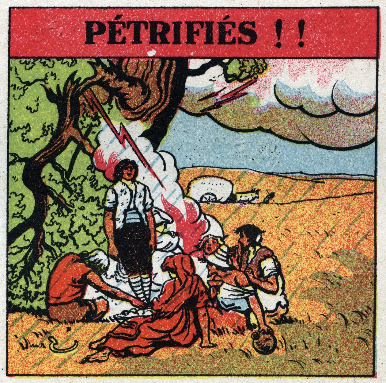 Atmospheric electricite: men electrocuted by lightning remain petrified. Anonymous illustration from 1925. Private collection. 作者 匿名匿名