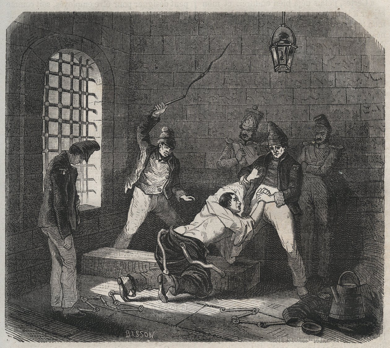 Bagne de Brest: 杖刑。皮埃尔-扎科内（1817-1895年）在《从创建到现在的袋子史》（1877年）中的雕刻（Colonia Penale--刑罚殖民地）。私人收藏。 作者 匿名匿名