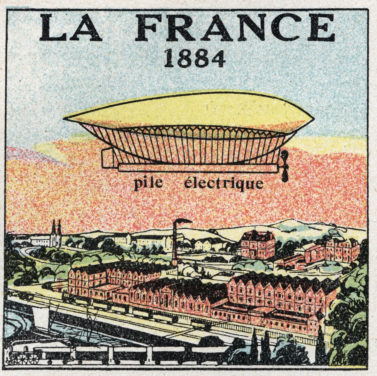 气球：1884年的飞艇 "La France "使用法国人Renard和Krebs发明的电瓶。1925年的匿名插图。私人收藏。 作者 匿名匿名