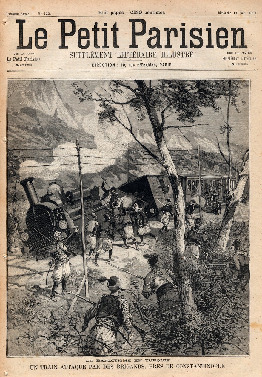 土耳其的土匪活动，一列火车在君士坦丁堡附近被强盗袭击。1891年 "小巴黎人 "杂志的雕刻作品。私人收藏。 作者 匿名匿名