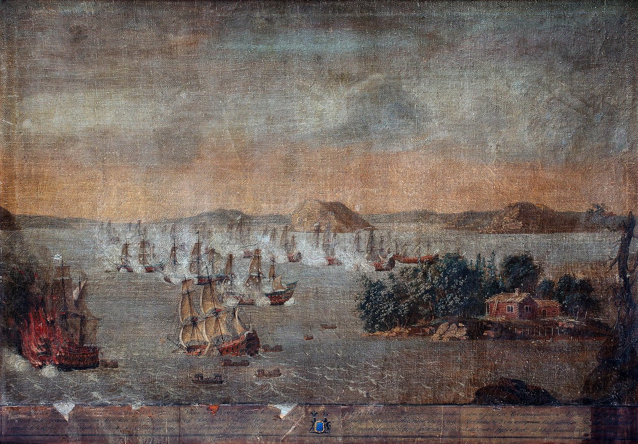霍格兰海战 - 在大北方战争期间，1713 年 7 月 22 日瑞典和俄罗斯之间的海战 - 1713 年 7 月 22 日的霍格兰德海战 - 一位不知名艺术家的绘画 作者 匿名匿名