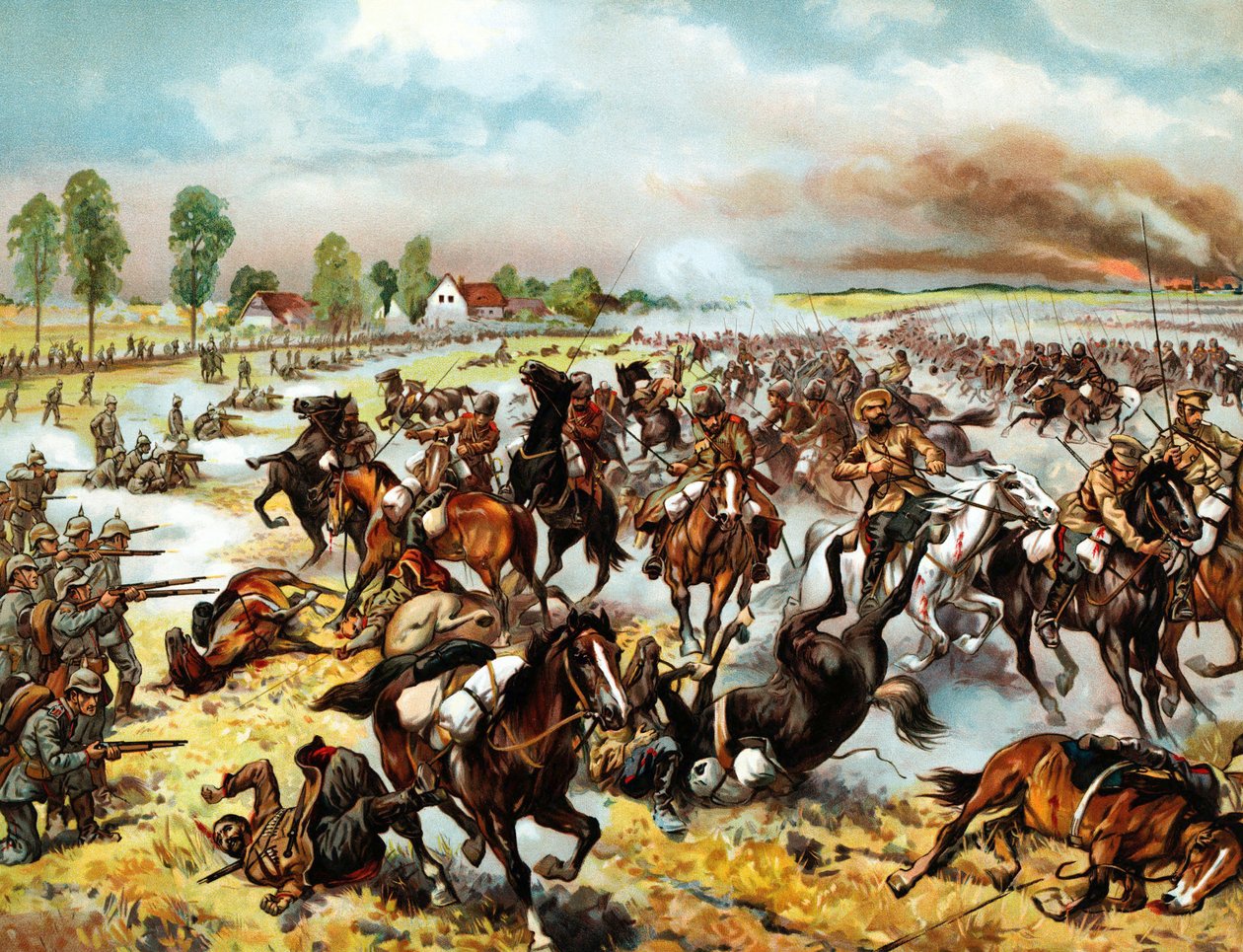 Bataille de Tannenberg (actuelle Stebark, Pologne) (1914) - entre la VIIIe armee allemande et les Ire et IIe armees russes - The Battle of Tannenberg, August 1914 - Anonymous - 1914 - Colour lithograph - 32,6x41,8 - Private Collection 作者 匿名匿名