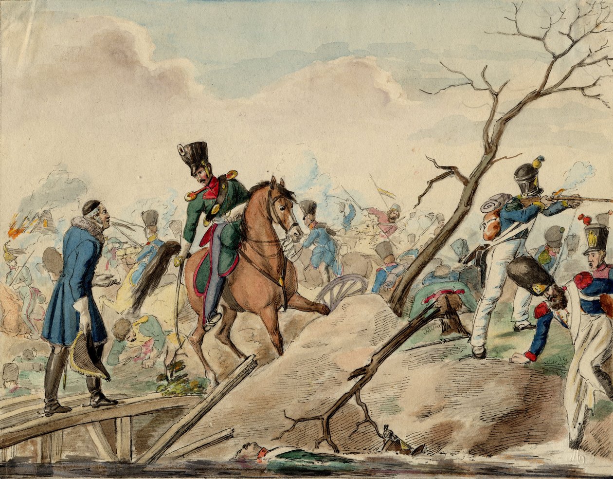Bataille de Leipzig (bataille des Nations) - 莱比锡战役的一集 - 匿名 - 1813 - 纸上水彩 - 16,2x20,8 - 私人收藏 作者 匿名匿名