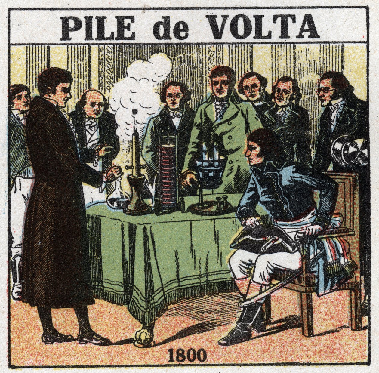 电池和蓄电池。Alessandro (Alexandre) Volta (1745-1827)于1801年在法兰西国家学院向执政官Napoleon Bonaparte (1769-1821)介绍了他的实验结果，这些实验使他发明了电瓶。佚名 il 作者 匿名匿名