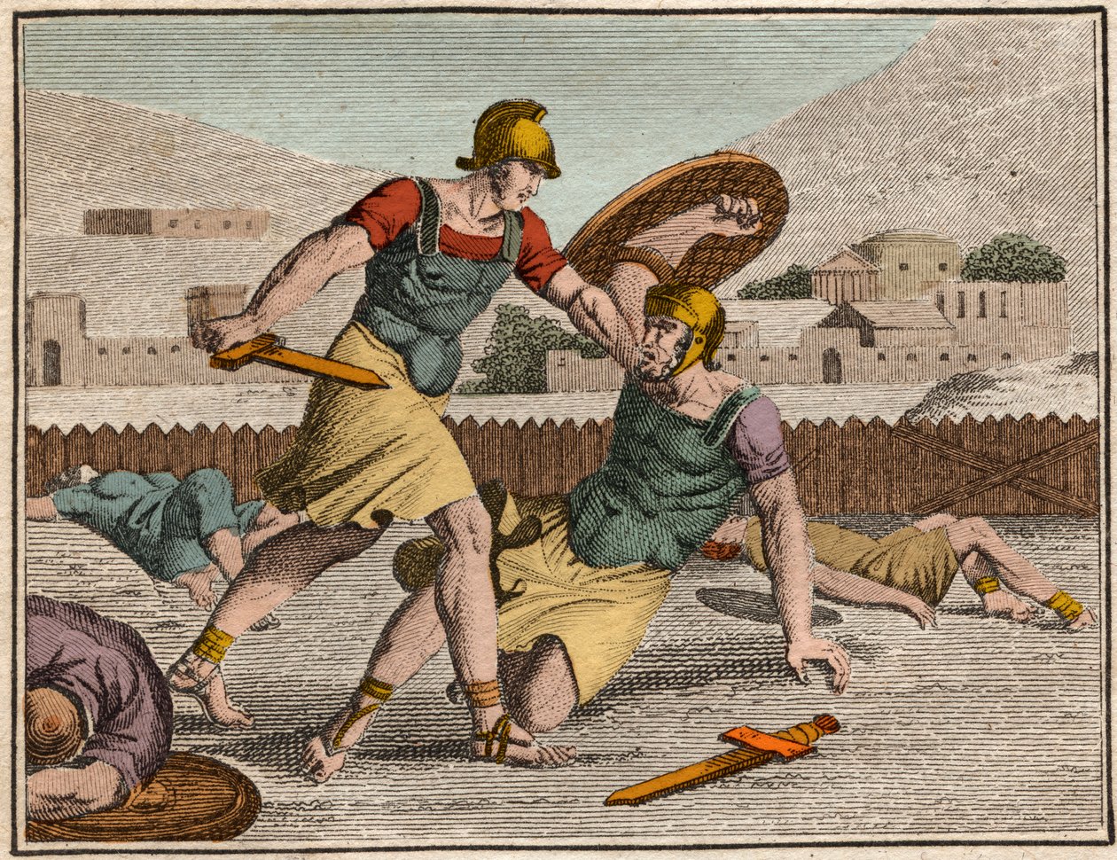 Horaces和Curiaces之战--Horatii和Curiatii之战--来自 "The Rollin of Youth or Selected Pieces of Ancient and Roman Stories" 1816年的版画--私人收藏 作者 匿名匿名