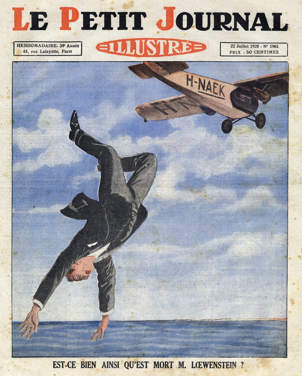 1928年7月4日，比利时银行家阿尔弗雷德-卢文斯泰因从飞机上坠入英吉利海峡水域时死亡，"Le petit journal illustre" 作者 匿名匿名