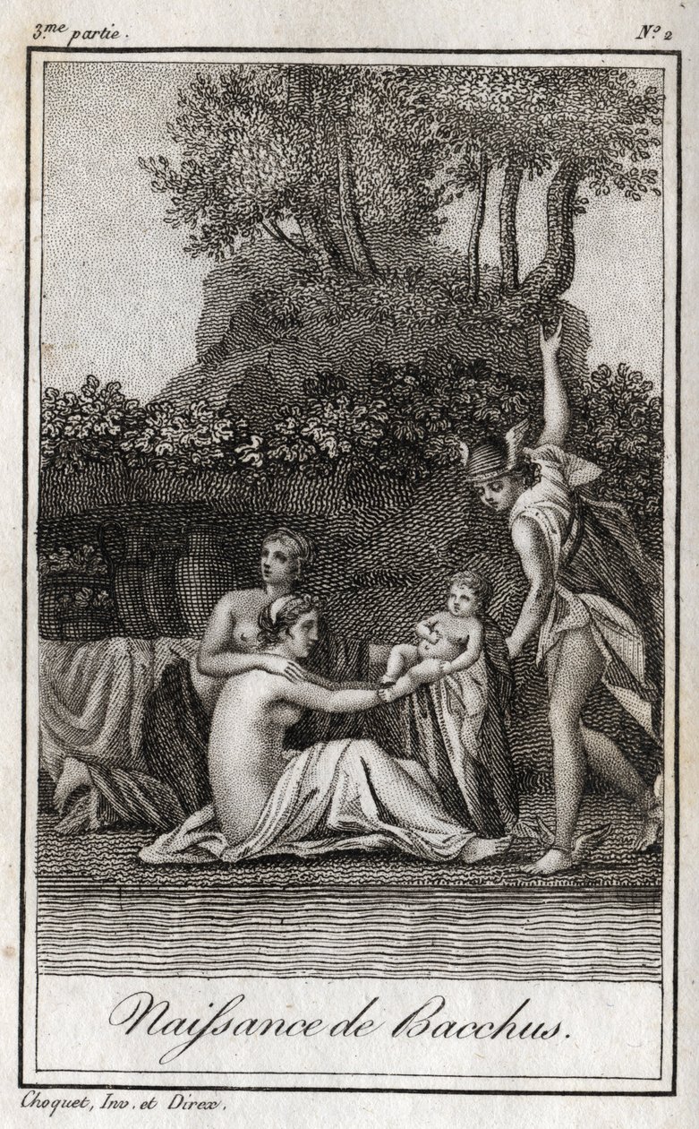 巴克斯的诞生，朱庇特和塞梅莱的儿子。1819年的雕版画，载于查尔斯-阿尔伯特-德穆斯特（1760-1801）的 "Lettres a Emilie sur la mythologie"。私人收藏。 作者 匿名匿名