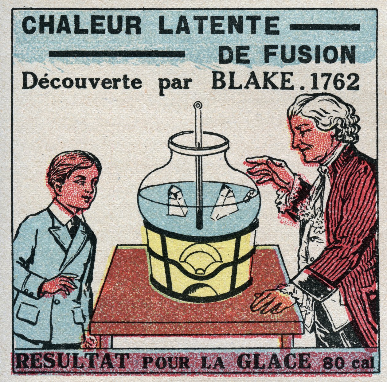 Calorimetry: the latent heat of fusion discovered by Joseph Black (1728-1799) in 1761-1762. Result for ice. Anonymous illustration from 1925. Private collection. 作者 匿名匿名