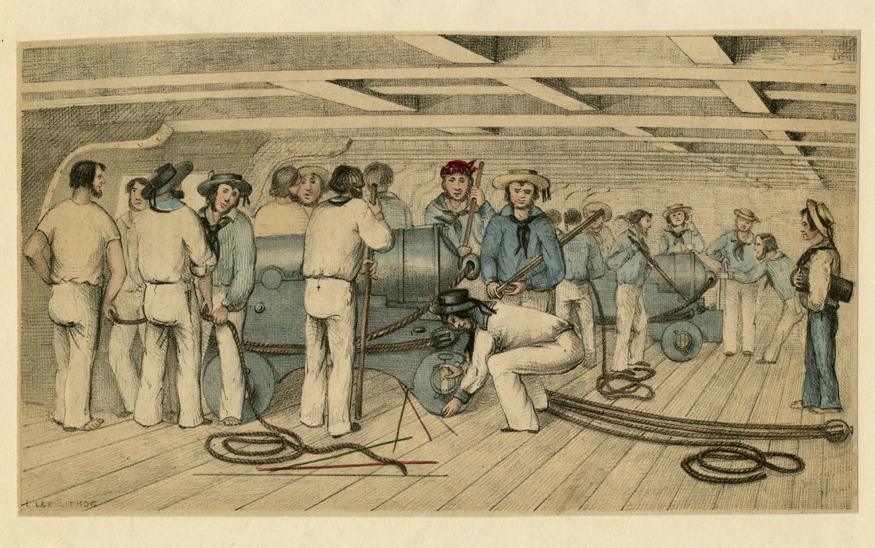 ""Canonniers de la marine britannique sur le pont"" (British naval gunners on gun deck) Lithographie anonyme vers 1850 Dim 21,9x28,6 cm Private Collection 作者 匿名匿名