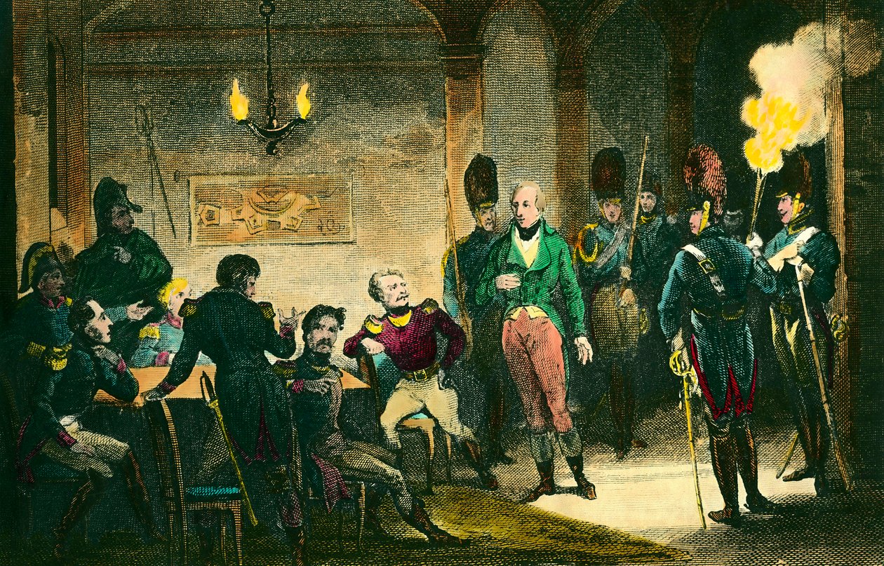 恩吉安公爵路易-德-波旁（1772-1804）案：涉嫌密谋反对第一执政官拿破仑-波拿巴的王子的审判现场，他在没有证据的情况下被判刑和处决。1804年的版画。私人收藏--《审判》（The Judgem 作者 匿名匿名
