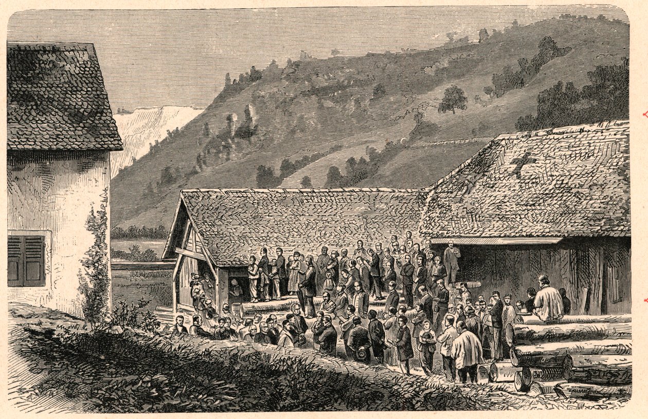 1874年在瑞士的圣乌尔桑（Saint Ursanne）庆祝天主教的礼拜活动，根据一张照片。雕刻在 "Les Missions Catholiques au XIXeme Siecle "中，作者是Louis-Eugene（路易-尤金）Louvet。私人收藏。 作者 匿名匿名