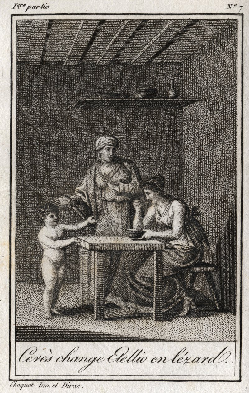 Ceres changes Stellion to a lezard. Engraving from 1819 in “Lettres a Emilie sur la mythologie” by Charles Albert Demoustier (1760-1801). Private collection. 作者 匿名匿名