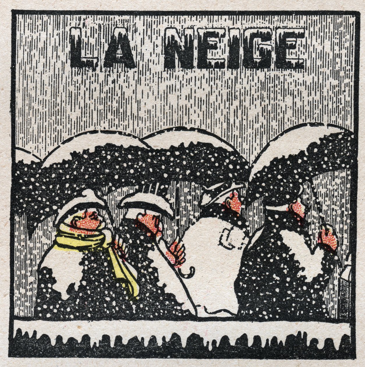 Changes in states: solidification and crystallization. Snow is formed from fine water droplets that solidify and crystallize. Anonymous illustration from 1925. Private collection. 作者 匿名匿名
