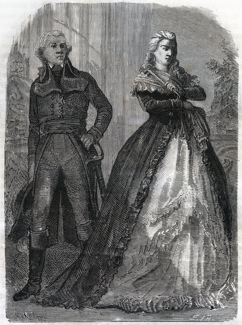 查尔斯-弗朗索瓦-杜佩里耶（Charles Francois du Perier dit Dumouriez）（1739-1823），法国将军与玛丽-安托瓦内特女王（1755-1793）。雕刻于1866年的《法国革命史》，作者是Adolphe Thiers。私人收藏。 作者 匿名匿名