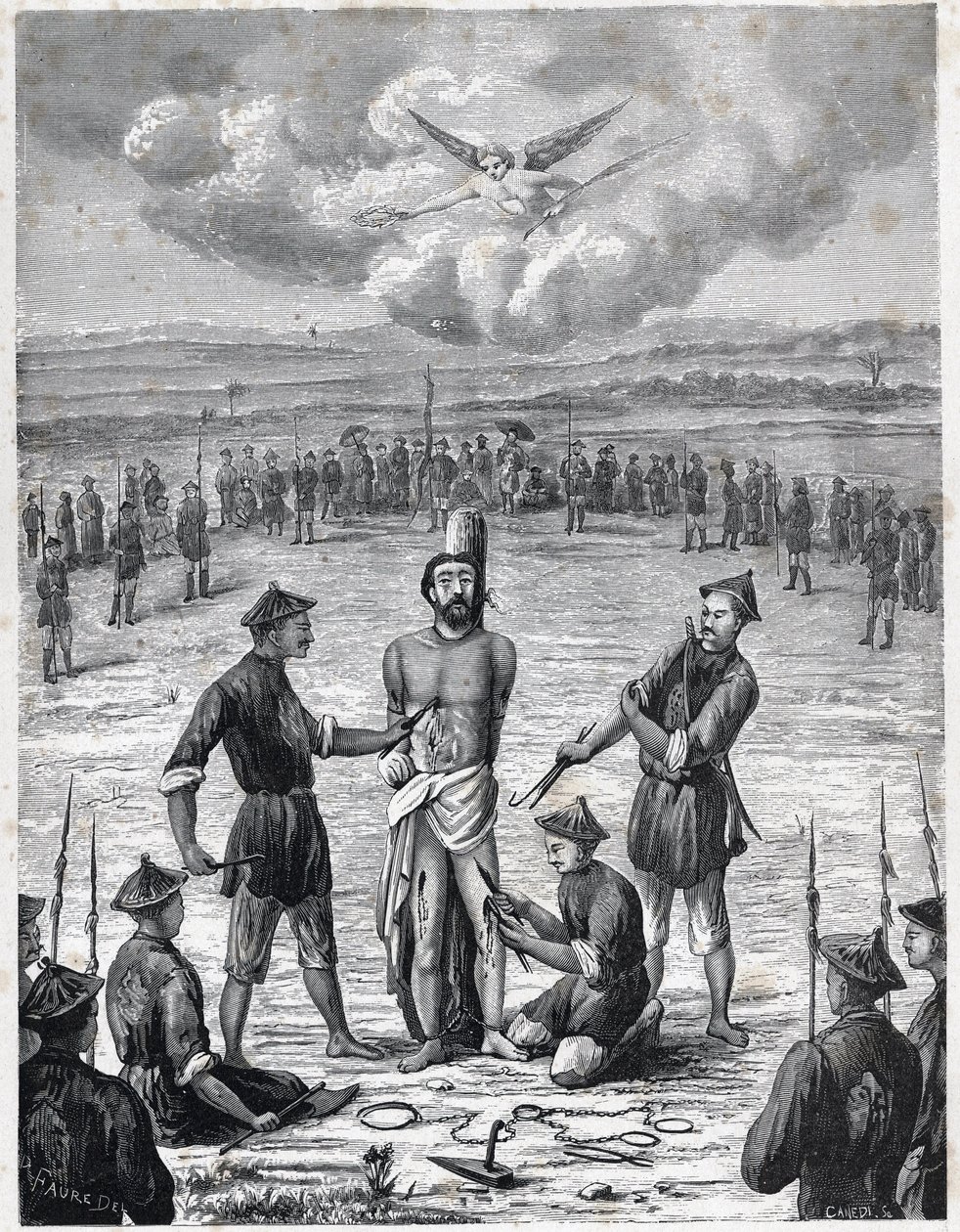 基督教受迫害：法国传教士约瑟夫-马尚（Joseph Marchand）于1835年11月30日在科钦纳州遭受了 "百伤折磨"。路易-尤金（Louis Eugene）-卢韦（Louvet）在《十九世纪的天主教传教士》中的雕刻作品。 作者 匿名匿名