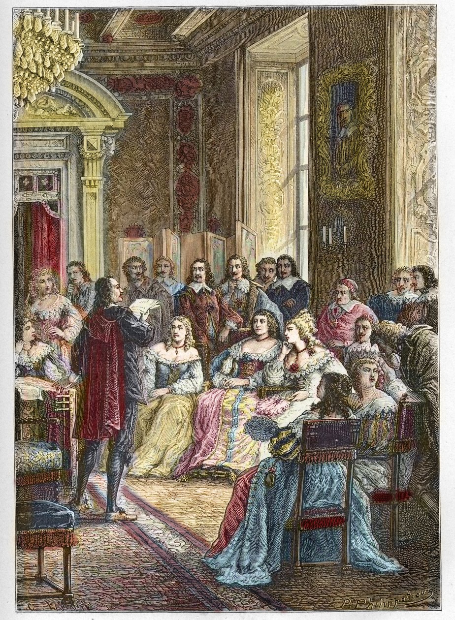 Corneille 在 Catherine de Vivonne、Marquise de Rambouillet 面前的朗布依埃酒店 (Hotel de Rambouillet) 以及教堂的骑兵和男子面前朗读他的波利尤特悲剧（博叙埃也是蓝厅的常客之一）——皮埃尔 作者 匿名匿名